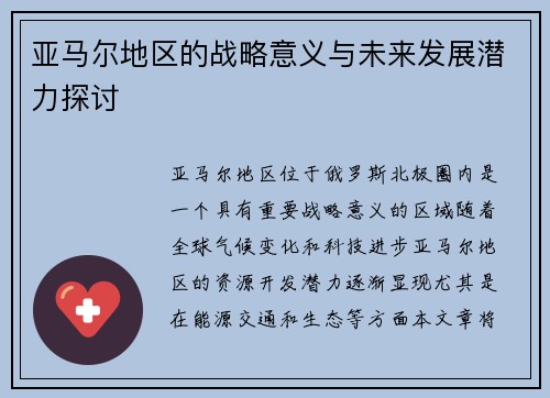 亚马尔地区的战略意义与未来发展潜力探讨